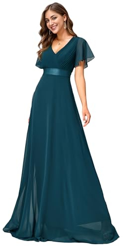 Ever-Pretty Women's Double V-Neck Short Flutter Sleeves Empire Waist Elegant Chiffon Long Plus Size Evening Dresses Teal 26UK