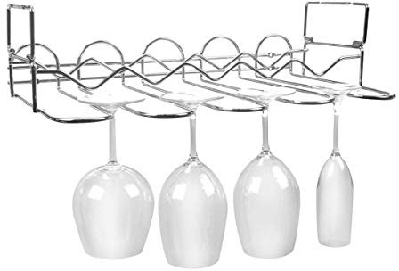 Bar Amigos Chrome Under Kitchen Cabinet Bar Counter Wine Glasses and Wine Bottle Rack - Holds 5 bottles & 12 pieces of Glassware Storage