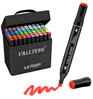 Vallteng 60 Colours Permanent Art Markers Twin Marker Pen Broad Fine Point Black Animation Design for Drawing Coloring with Black Bag