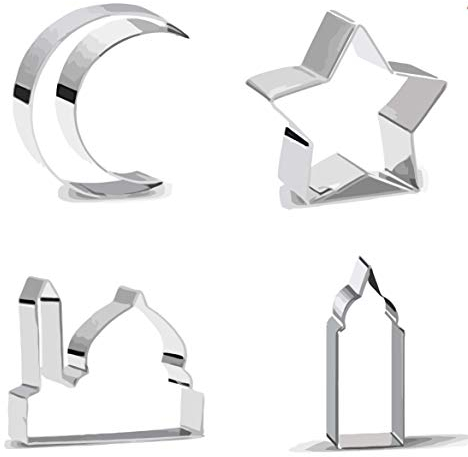 Mubarak Cookie Cutter Islamic Eid Ramadan - Moon Crescent Star Mosque Dome - 4 Piece Stainless Steel Set