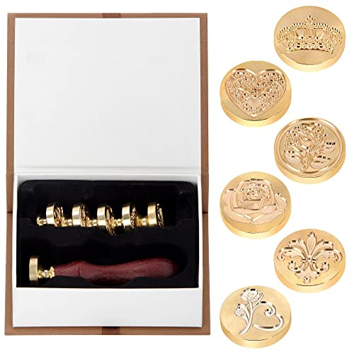 Wachs Stempel Set, Vintage Wachs Siegel Stempel Kit mit 6 Siegelwachsstempel Kupfer Seals, 1 Holzgriff and Geschenkbox für Umschlag Einladung Brief Geschenkverpackung Dekoration