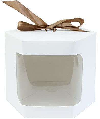 Emartbuy Sacchetti regalo esagonali in carta resistente, 13 cm x 13 cm x 14 cm, in carta kraft bianca, per cupcake, biscotti, muffin, tortine, con finestra trasparente e nastro, confezione da 24
