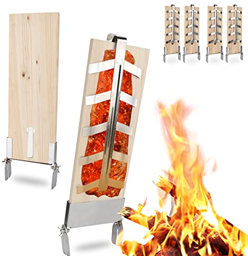 Tubiaz Flammlachsbrett 4er Set, mit Stabiler Edelstahl-Halterung 5 Stufen einstellbar Räucherbrett für Feuerschalen, Kugelgrill, Feuertonne, Feuerkorb, Smoker, Grill