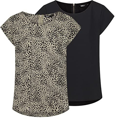 ONLY Tshirt Damen Regular Fit ONLVIC 2er Pack Rundhals Kurzarm Bluse Top Sommer Basic Muster Einfarbig Schwarz 44, Größe:44, Farbe:Black (15284243)