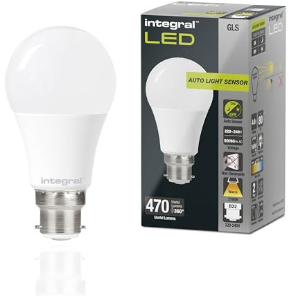 Integral LED B22 Non-Dimmable Dusk to Dawn Dual Sensor Frosted GLS Bulb – Warm White 2700K, 470lm, 4.8W (40W Equivalent) - Energy efficient & Ideal for Outdoor, Porch, Garage, Garden, Patio