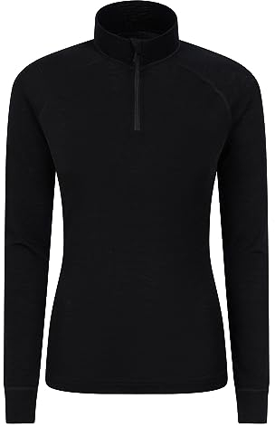 Mountain Warehouse Merino Womens Thermal Baselayer Top - Lightweight, Antibacterial & Breathable Ladies T Shirt - for Travel, Hiking, Camping, Skiing, Snowboard Black Women's Size 12