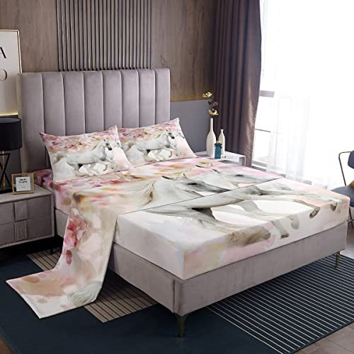 Juego de sábanas de caballo al galope, juego de ropa de cama de caballo con tema de animales, sábana bajera con estampado floral rosa para niños, niñas, microfibra individual
