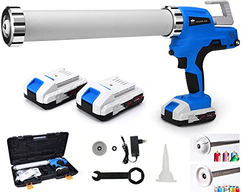 Akku Kartuschenpresse mit 2x 2Ah 21V Li-Ion-Akku, Silikonspritze Kartuschenpistole Katuschenspritze Auspresspistole LED 6500N, 6-stufig einstellbar, 0-9 mm/s stufenlos, Von Schlauchbeutel & Kartuschen