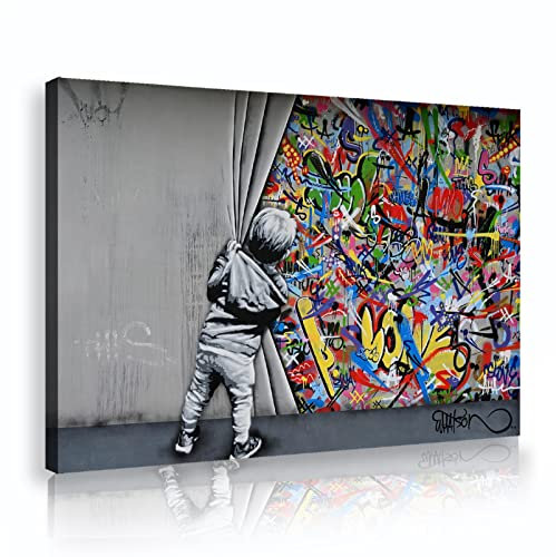 HengYun ART Banksy Leinwand Wandkunst hinter dem Vorhang Street Graffiti Galerie Verwickelte Leinwanddrucke für Schlafzimmer Haus Dekorationen 80x120cm Innenrahmen