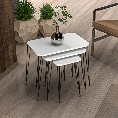 [en.casa] Beistelltisch-Set Rudkøbing Satztisch 3er Set Weiß Wohnzimmertisch mit eckiger Tischplatte Hairpinlegs Metall Sofatisch