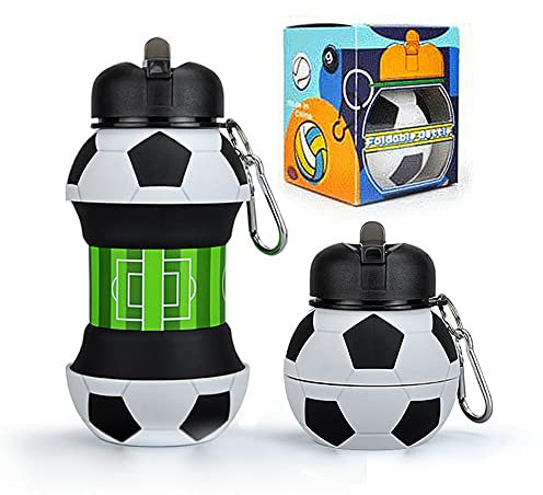 Football Water Bottle - 550ml Silicone Collapsible Football Water Bottle with Keyring for Kids Boys and Girls, Foldable Portable Leak-Proof Travel Water Bottle A 550ml