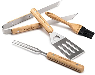 Naturehike Grillbesteck Set 4-TLG Grill Zubehör Männer Geschenk mit Grillzange Grillwender Fleischgabel und Grillbürste für 430 Edelstahl
