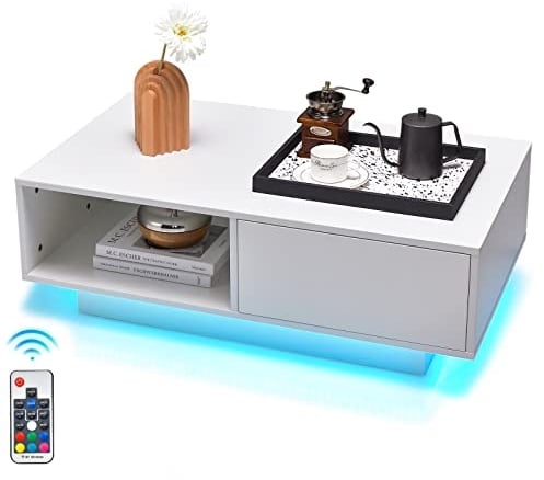 COSTWAY Couchtisch mit LED & Fernbedienung, 20 Lichtfarben & Helligkeit einstellbar, Wohnzimmertisch mit Schublade & offenem Stauraum, Kaffeetisch, Sofatisch für Wohnzimmer, 95 x 55 x 31 cm (Weiß)