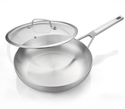 Yeksum Tri-Ply Fully Bonded Stainless Steel 12Inch Frying Pan With Lid, Up to 600℉ Full Clad, Large Cooking Surface for Searing, Induction Ready, Dishwasher and Oven Safe