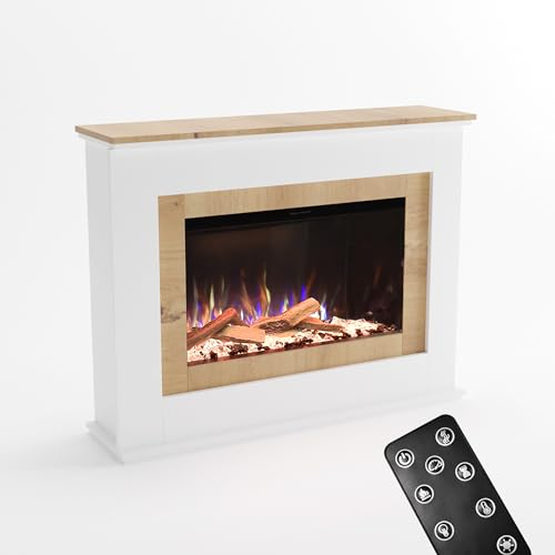 GLOW FIRE Kaminofen PR6 mit realistischem 3D E-Motion LED-Feuer - Stand-Elektrokamin mit Heizung, Kaminfeuer & Timer, max. 1500 W, 130x98,5x37,5 cm, Weiß (Eiche)