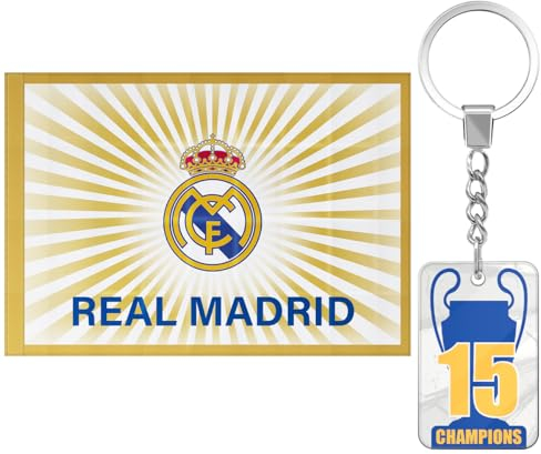 Bandera oficial del Real Madrid Club de Fútbol + Llavero 15 Champios | 150 x 100 cm - Escudo del Real Madrid y Bordes Dorados | Producto Oficial