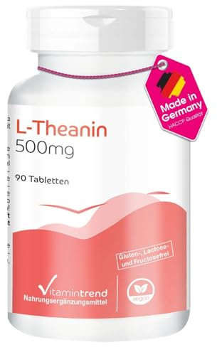 Vitamintrend L-teanin högdoserat 500 mg, 90 tabletter, aminosyra, veganskt kosttillskott utan tillsatser, tillverkat i Tyskland