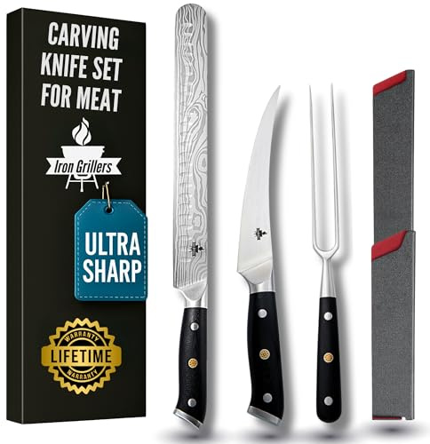 Brisket Knife Set for Meat Carving & BBQ - 12 Slicing Knife, 6 Boning Knife & Carving Fork for Smooth Meat Cutting, Full Tang & Ergonomic - Razor Sharp German Steel, Grilling Gifts for Men