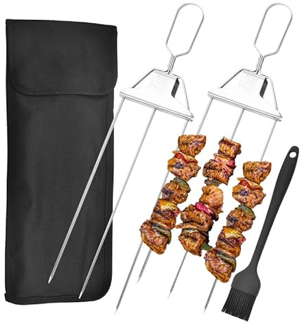 Gilen 3 Way Grill skewers, 2Pcs BBQ Metal skewers for Kebabs, 3-Prong Kabob Skewers Stainless Steel, Barbecue skewers with Barbecue Accessories for Outdoor Grill, Easy to Use Push Bar Slider