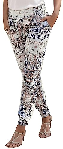 Summer Boho Women's Beach Trousers - Drawstring Elasticated Waist Lounge Pants with Vintage Floral Print Linen Fabric - Baggy Harem Hippie Pants with Pockets (Black, XXL)