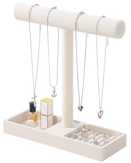 Justsoso Mehrzweck-Schmuckhalter, Ständer für Halsketten, Armbänder, Ringe, Haargummis, Uhren, Samt, Schmuckhalter mit Tablett für Damen, Zuhause, Beige