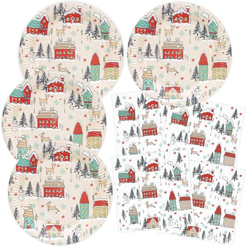 HNH Set di Piatti e Tovaglioli di carta per Natale | Villaggio di Natale | Piatti di carta 23cm, 33cm Tovaglioli di carta per feste Set di stoviglie usa e getta 20 persone