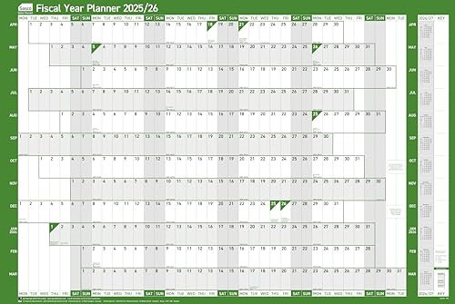 Sasco 2025 Fiscal Year Wall Planner, Financial Year Wall Planner Set, Large Whiteboard Style Dry Erase Calendar, Board Mounted Tax Planner & Dry Erase Pen, Wall Chart, Green, 915x610mm, 2410249