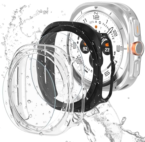 Aimtel [2+2 Stück Schutzfolie Und Hülle Kompatibel mit Samsung Galaxy Watch Ultra 47mm, Wasserdichtes Glas Schutz +PC Schutzhülle Displayschutz für Galaxy Watch 7 Ultra [Transparent+Schwarz]
