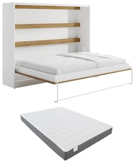 Vente-unique-Schrankbett + Matratze - 140 x 200 cm - Manuelle horizontale Öffnung - Mit LED-Beleuchtung - Weiß & Holzfarben - RAPILI