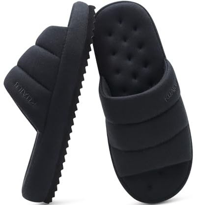 KuaiLu Slippers For Men Cotton-blend Fabric Warm Slides Sandals Comfy Arch Support Indoor Outdoor House Shoes Comfortable Slip on Lightweight Thick Cushion Mens Scuff Slipper, Black Size 10