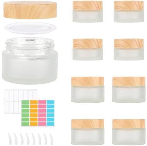 Mirraswit 8 Pack Frosted Glass Jars, Cosmetic Jars with Wood Grain Lids 20 and 30ml, Reusable Lip Balm Containers Empty with Stickers, Scraping Spoons for Cosmetics, Scrubs, Face Cream Lotion