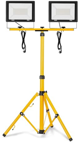 XMTECH LED Baustrahler mit Teleskop-Stativ, IP66 LED Fluter mit Stecker, robuster Arbeitsscheinwerfer für Baustelle, Garage und Außenbeleuchtung (2 * 100W Kaltweiß + Stativ)