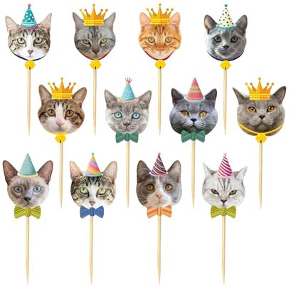 Katzen Deko Cupcake 24 Stück Katzen Tortendeko Geburtstag Cute Katzen Torten Topper Tier Kuchendeko für Geburtstagsdeko, Themenparty, Babyshowerparty (C)