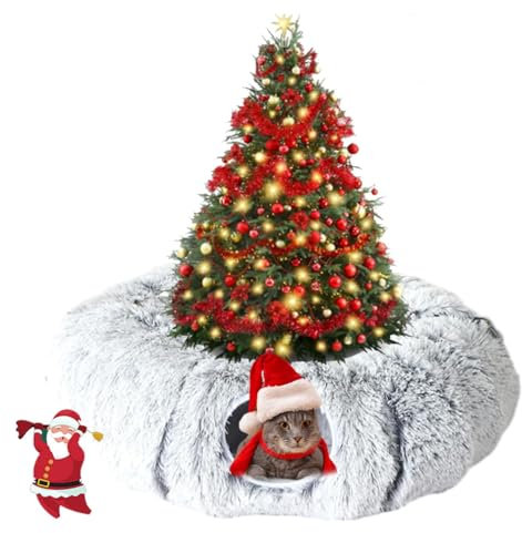 Cat Christmas Tree Skirt Tunnel, Katzen-Weihnachtsbaum-Rock-Tunnel, Weihnachten Katze Tunnel, Katzentunnel Bett unter Weihnachtsbaum, Faltbarer Plüsch Katzentunnel mit Spielball (Grau)