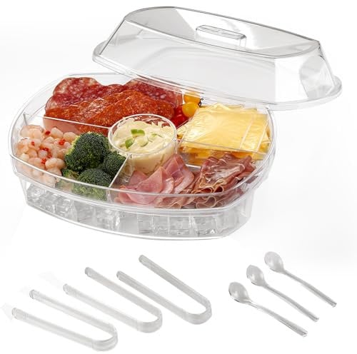 Ice Serving Tray, Chilled Party Platter,ice Chilled Platter with lid,Serving Trays for Party,Keep Food Cold for Fruit, Vegetable, Appetizer, Shrimp with Tongs ANG Spoons.