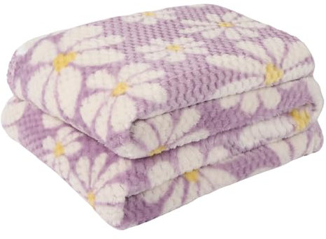 OHS Waffle Throw Blanket Fleece Daisy Print, Spring Decorations Throws for Sofa Living Room Bedroom Blanket Soft Comfy Bed Warmer, 125x150cm - Lilac