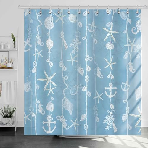 Dazzlewall Tenda Doccia Nautica, Stelle Marine Mare Blu Tenda per Doccia da Bagno Impermeabile 180x180cm, Antimuffa Tessuto Poliestere con 12 Ganci