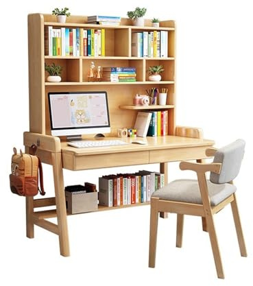 Desk，Work Desk，Office Table， Solid Wood Desk with Built in Bookcase and Chair Set t for Home Office or Bedroom Wood Color 120 x 60 x 186 cm