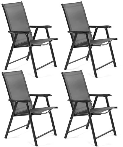 Yaheetech Patio Folding Dining Chairs Set of 4 with Breathable Texteline Fabric, All Weather Outdoor Folding Garden Chairs with Steel Frame for Garden, Lawn, Porch, Backyard, Poolside, Black