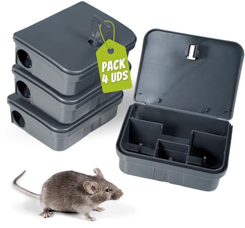 4 PCS - Portacebos para Ratones con Llave de Seguridad | Trampas para Ratas y Ratones Profesionales | Set de Eliminación de Plagas en Interior - Ratoneras y Portacebos Negros