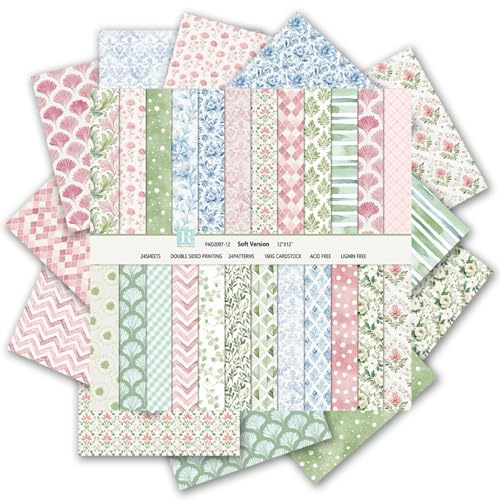 24 Sheet Scrapbook Paper, 12 x 12 Inch Double Sided Floral Paper for DIY | Soft Pastel, 24 Designs, 160gsm Paper, Ideal for Scrapbooking, Junk Journaling, Card Making, Paper Craft Supplies
