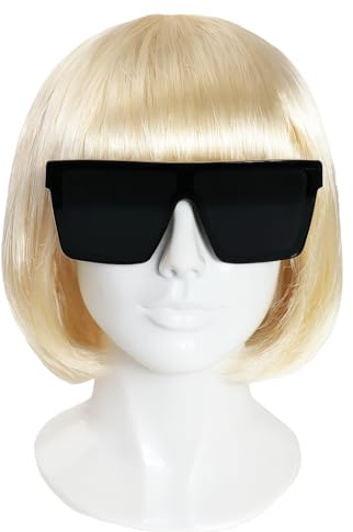 Damen Übergroße schwarze Sonnenbrille mit kurzer blonder Bob Perücke - Pop Star Diva Kostüm Zubehör Set für Party & Halloween