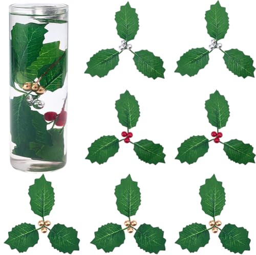 SUNNYCLUE 3 Colori 45 Pezzi Bacche di Agrifoglio Natalizie Foglie di Agrifoglio Finte Sfuse Verde Oro Argento Foglia Artificiale Ramo Stelo Decorazione Ghirlanda Riempitivi per Albero di Natale Topper