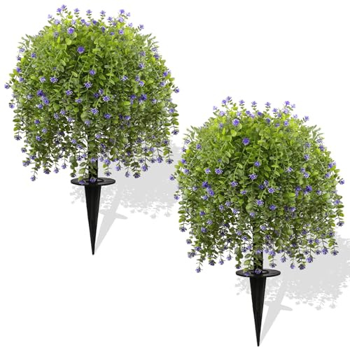 GOVIRAYE 2-Pack 24 Inch / 60cm Artificial Eucalyptus Topiary Trees with Purple Flowers – Realistic Garden Stake Plants for Outdoor & Indoor Patio, Lawn & Home Décor