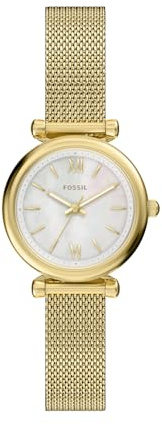 Fossil Carlie Watch für Damen, Goldfarbenes Quarz-Dreizeigerwerk mit Edelstahlarmband