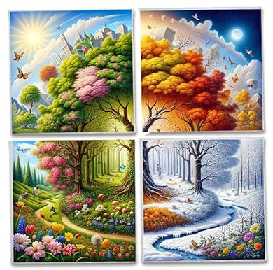 4 MATTONELLE in ceramica QUATTRO STAGIONI con albero della vita per decorare casa piastrelle Japan da appendere al muro o incastonare alla parete