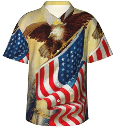 Herren-Hemd, Hawaii-Flagge, USA-Flagge, Adler, Kunstdruck, Sommer, Strand, lässig, kurzärmelig, Button-Down-Shirt, mit linker Brusttasche (S-3XL), Schwarz , S