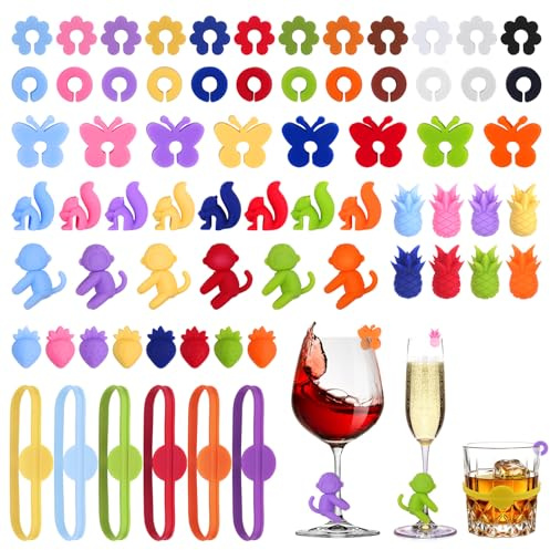 68 Marqueurs de Verre en Silicone Réutilisables, Marqueurs de Verres à Vin | Pour Flûtes à Champagne, Verres à Vin, Verres à Martini et Décorations de Fête de Noël, Motif Animaux et Fruits