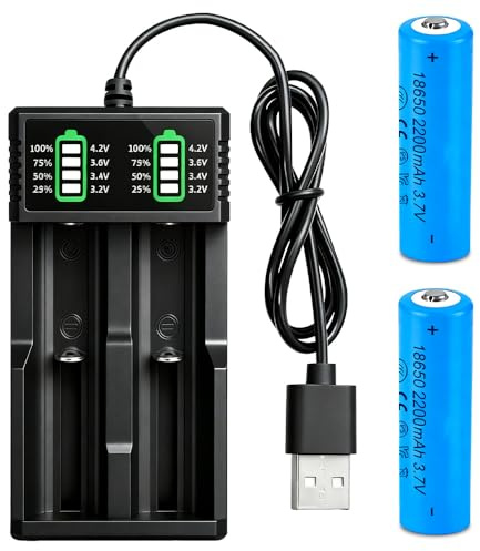 Cargador Pilas Recargables 18650, SGZIOO Cargador Pilas USB C con 2 Piezas 2200 mAh Baterías con Terminal Elevado, para 3.7V Li-Ion Recargable Batería 18650, 21700, 26650, 14500, 18500