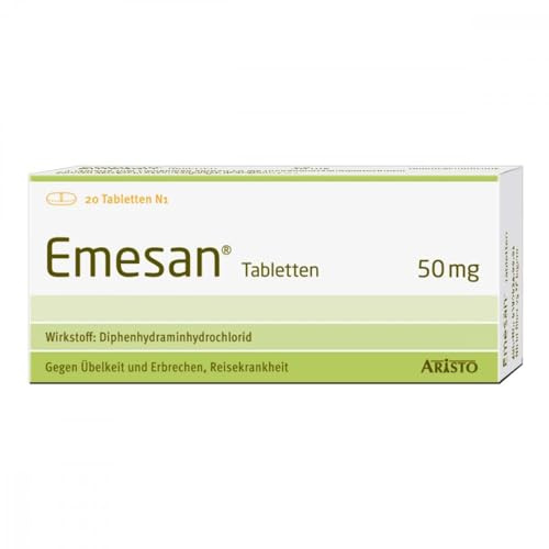 Emesan Tabletten 50mg 20 Stück von Aristo Pharma – zur Vorbeugung und symptomatischen Behandlung von Übelkeit und Erbrechen, insbesondere bei Reisekrankheit - für Erwachsene & Kinder ab 6 Jahren
